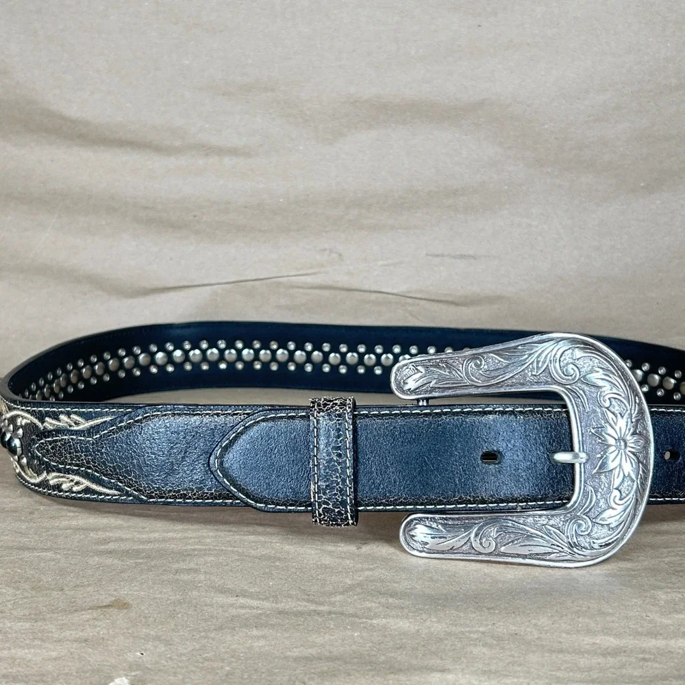 Nocona Belt Mens M Black Distressed Leather Embroidered Studded Engraved Buckle